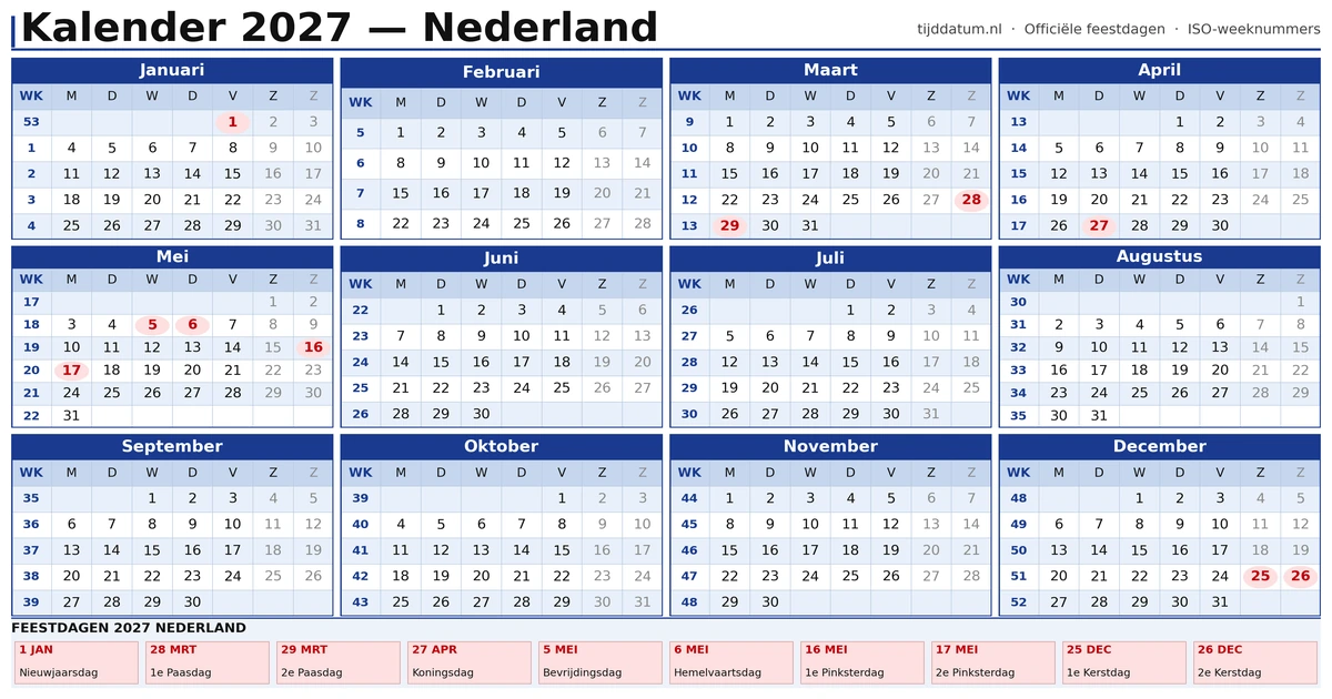 Kalender 2027 met Weeknummers en Feestdagen - Jaarkalender Nederland